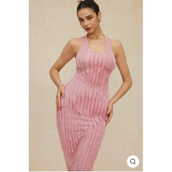 Micas Women's Sheer Ruffle Texture Halter Backless Maxi Dress Small - Picture 2 of 5